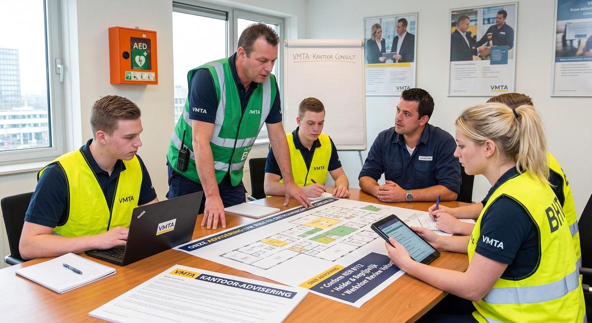 Adviesgesprek over RI&E en ontruimingsplan aan een tafel met een plattegrond